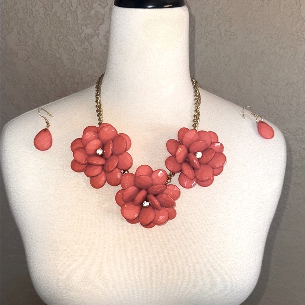 Floral Coral Colored Necklace and Earring Set